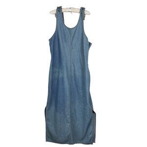 Newport News Maxi Dress Women's 18 Denim Jumper Snap Buttons Side Slits Vtg 90's
